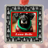 白黒の木で囲まれたペットの写真と名前 メタルオーナメント