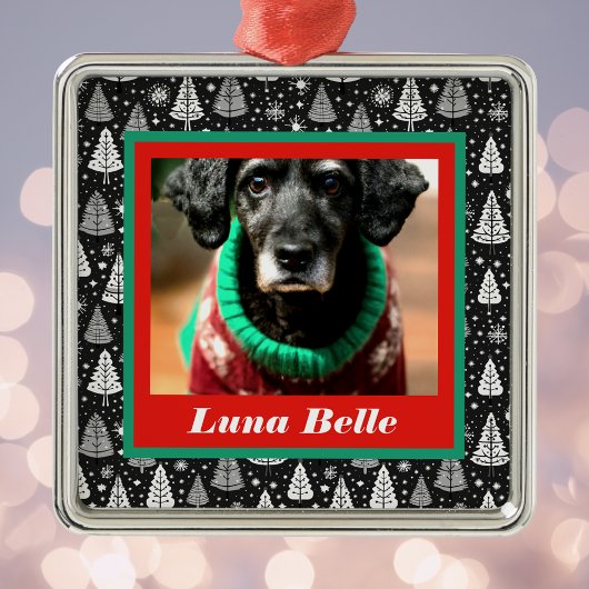 白黒の木で囲まれたペットの写真と名前 メタルオーナメント