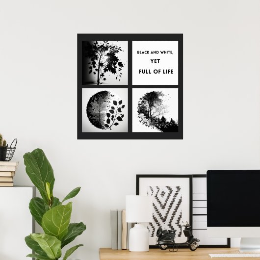 白黒の木と葉のセット – オリジナルポスター ポスター (ホームオフィス)