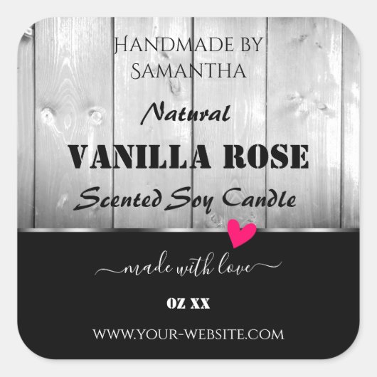 白黒の木目製品ラベルハート スクエアシール (正面)