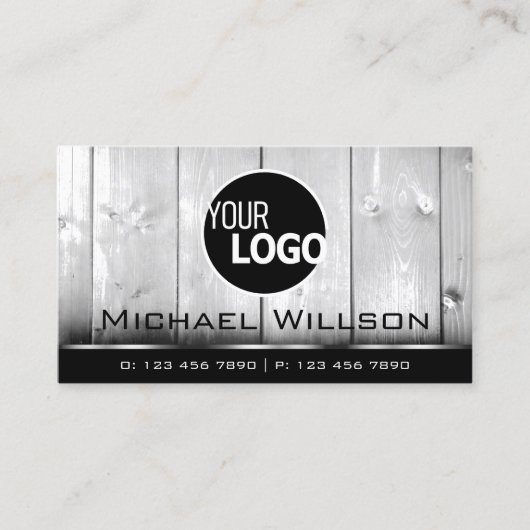 白黒の木製ボード木目ルックロゴ 名刺 (正面)