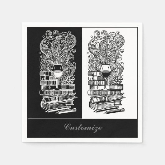 白黒の本とワイン2 スタンダードカクテルナプキン (正面)