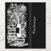 白黒の本とワイン4 ワインラベル (シングルラベル)