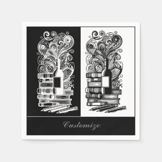白黒の本とワイン スタンダードカクテルナプキン (正面)