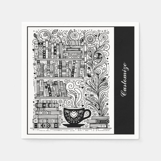 白黒の本棚ドードル スタンダードカクテルナプキン (正面)