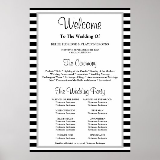 白黒の枠ストライプ結婚式 プログラム ポスター (正面)
