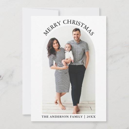 白黒の格子模様の写真アーチメリークリスマス シーズンカード (正面)