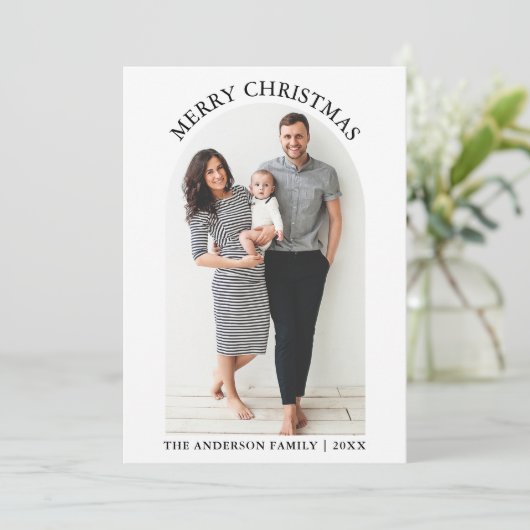 白黒の格子模様の写真アーチメリークリスマス シーズンカード (スタンド正面)