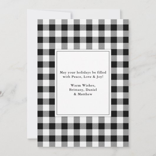 白黒の格子模様の写真アーチメリークリスマス シーズンカード (裏面)
