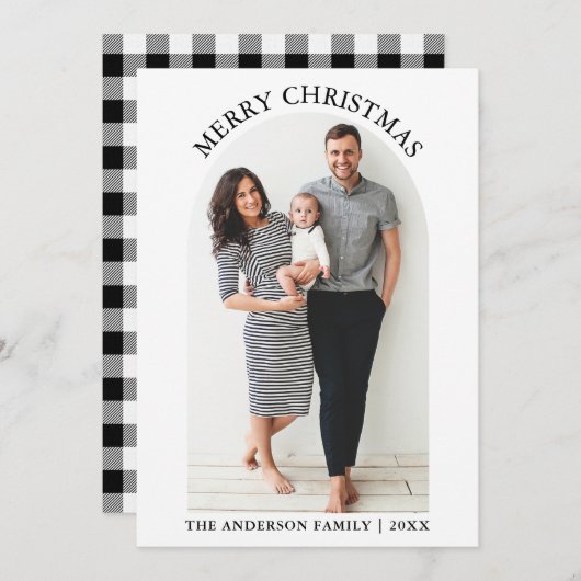 白黒の格子模様の写真アーチメリークリスマス シーズンカード (正面/裏面)