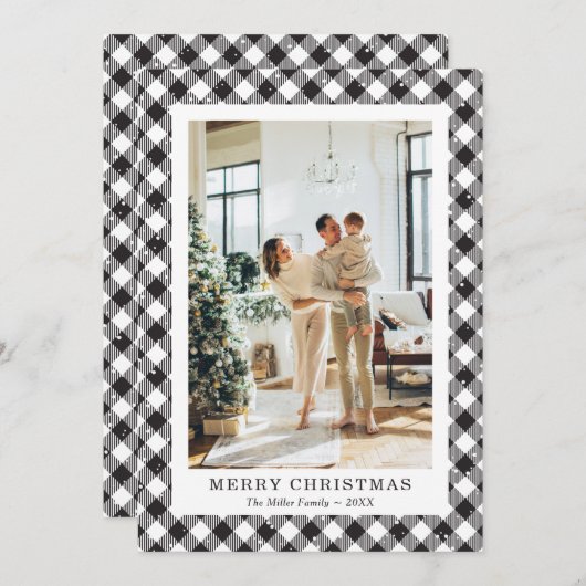 白黒の格子模様の写真メリークリスマスカード シーズンカード (正面/裏面)