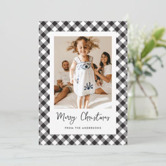 白黒の格子模様の写真メリークリスマス シーズンカード (スタンド正面)