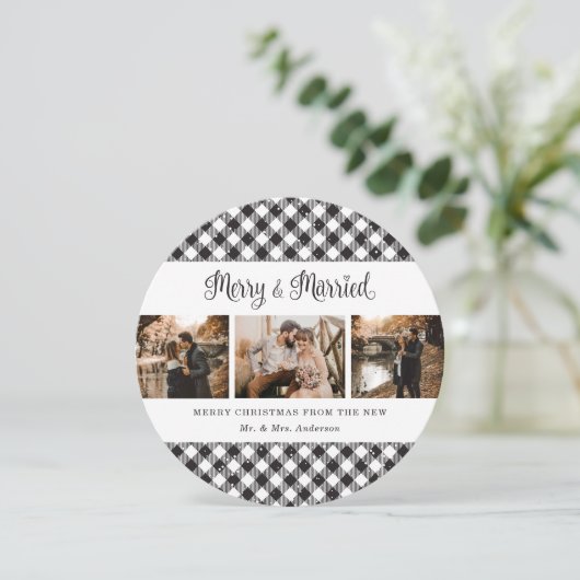 白黒の格子模様の新婚クリスマスカード シーズンカード (スタンド正面)