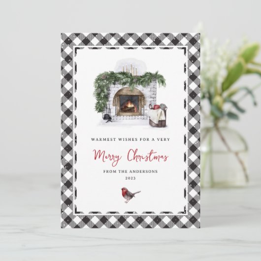 白黒の格子模様の暖かい願いクリスマスカード シーズンカード (スタンド正面)