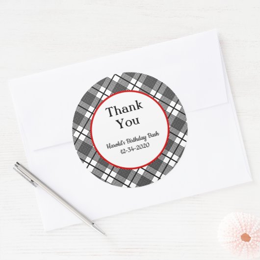 白黒の格子模様の編集可能ありがとう ラウンドシール (封筒)