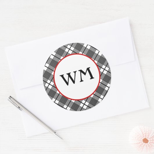 白黒の格子模様の編集可能モノグラム ラウンドシール (封筒)