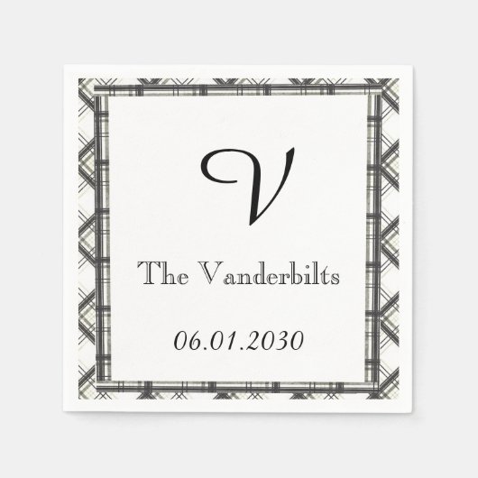 白黒の格子模様モノグラム結婚の スタンダードカクテルナプキン (正面)
