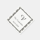 白黒の格子模様モノグラム結婚の スタンダードカクテルナプキン (角)