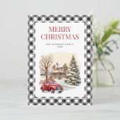 白黒の格子模様レッドトラックメリークリスマスカード シーズンカード (スタンド正面)