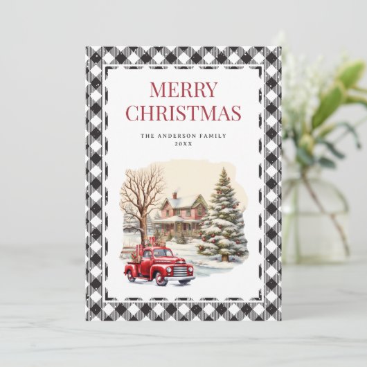 白黒の格子模様レッドトラックメリークリスマスカード シーズンカード (スタンド正面)