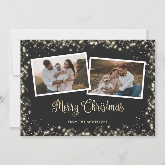 白黒の格子模様金ゴールド写真メリークリスマス シーズンカード (正面)