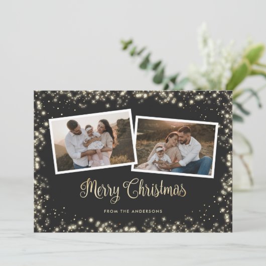 白黒の格子模様金ゴールド写真メリークリスマス シーズンカード (スタンド正面)