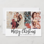 白黒の格子模様3フォトコラージクリスマス シーズンカード (正面)