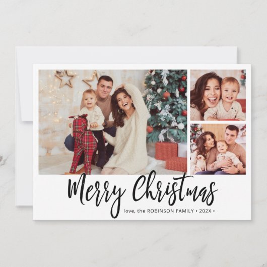 白黒の格子模様3フォトコラージクリスマス シーズンカード (正面)