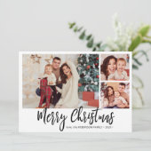 白黒の格子模様3フォトコラージクリスマス シーズンカード (スタンド正面)