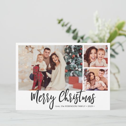 白黒の格子模様3フォトコラージクリスマス シーズンカード (スタンド正面)