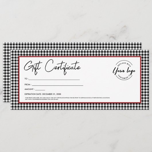 白黒の格子状のロゴ休日のギフト証明書 招待状 (正面/裏面)