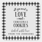 白黒の格子縞の愛とクリスマスクッキー スクエアシール (正面)