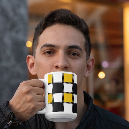 白黒の格子縞チェック コーヒーマグカップ