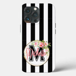 白黒の桃色の花のモノグラムストライプの iPhone 13 PROケース