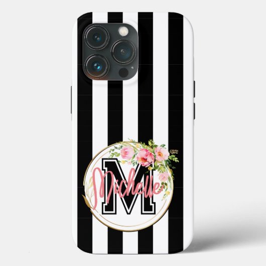 白黒の桃色の花のモノグラムストライプの Case-Mate iPhoneケース (裏面)