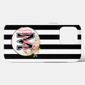 白黒の桃色の花のモノグラムストライプの Case-Mate iPhoneケース (裏面 (横))