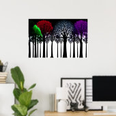 白黒の森の赤い緑の紫のスプラッシュ ポスター (ホームオフィス)