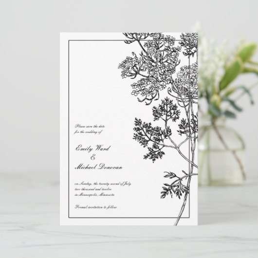 白黒の植物のイラストレーションの保存日付 セーブザデート (スタンド正面)