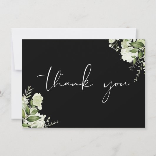 白黒の植物性の緑のスクリプエレガントト サンキューカード (正面)