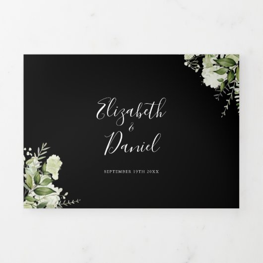 白黒の植物性の緑の写真結婚の 三つ折り招待状 (カバー)