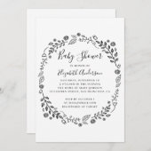 白黒の植物性の葉の赤ちゃんシャワー 招待状 (正面/裏面)