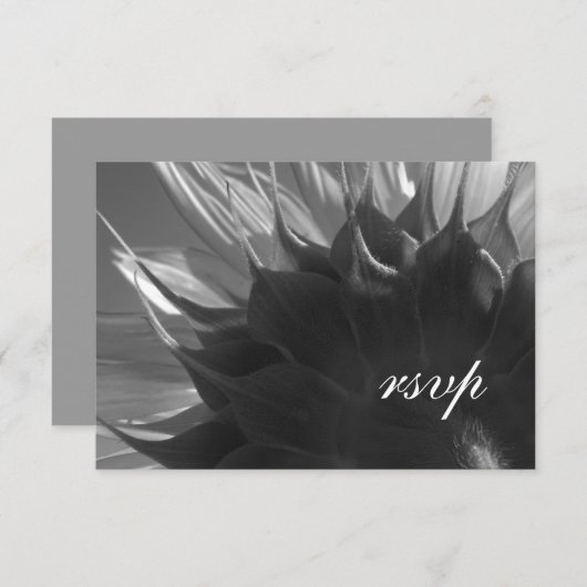 白黒の植物性ひまわり結婚式RSVP 出欠カード (正面/裏面)