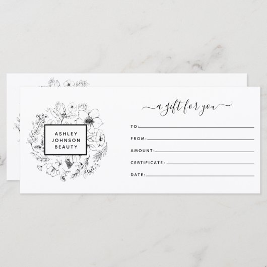 白黒の植物性モダンギフト証書 (正面/裏面)