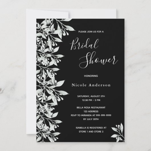 白黒の植物観葉台本のブライダルシャワー 招待状 (正面)