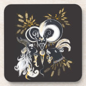 白黒の歌いヤギのインクイラストレーション コースター (正面)