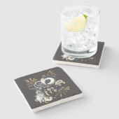 白黒の歌いヤギのインクイラストレーション ストーンコースター (横)