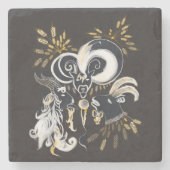 白黒の歌いヤギのインクイラストレーション ストーンコースター (正面)
