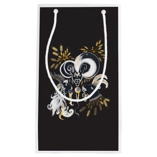 白黒の歌いヤギのインクイラストレーション スモールペーパーバッグ (正面)