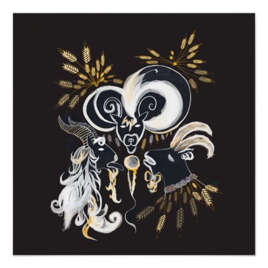 白黒の歌いヤギのインクイラストレーション ポスター (正面)