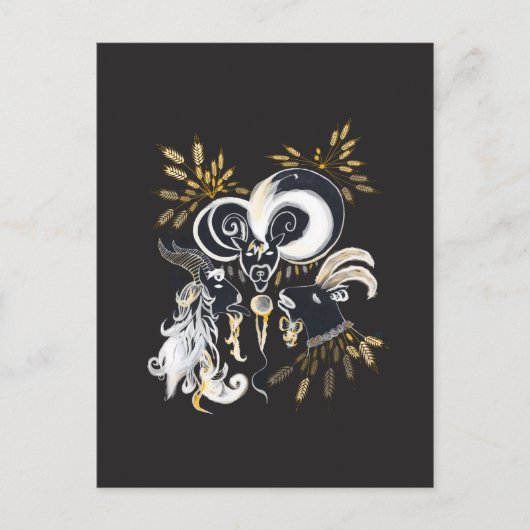 白黒の歌いヤギのインクイラストレーション ポストカード (正面)